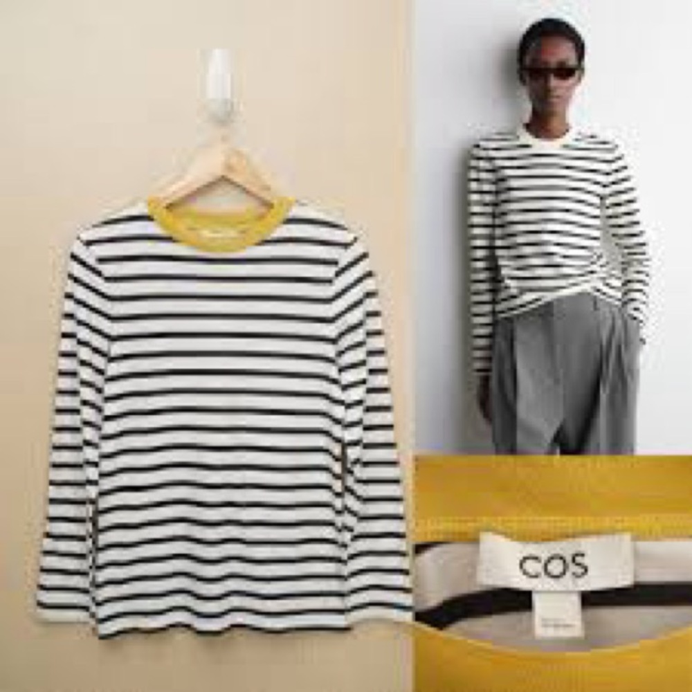 COS Black and White Striped Shirt with Yellow Collar